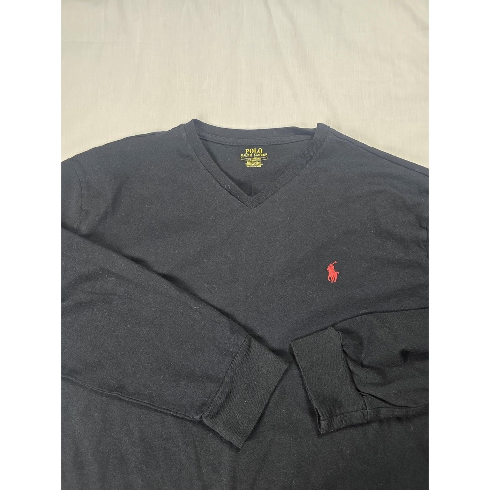 Polo Ralph Lauren Shirt Mens Large‎ Black Long Sleeve V Neck Classic Tee Tagless